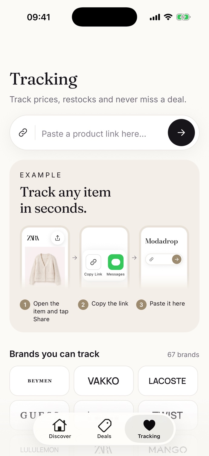 Modadrop tracking screen